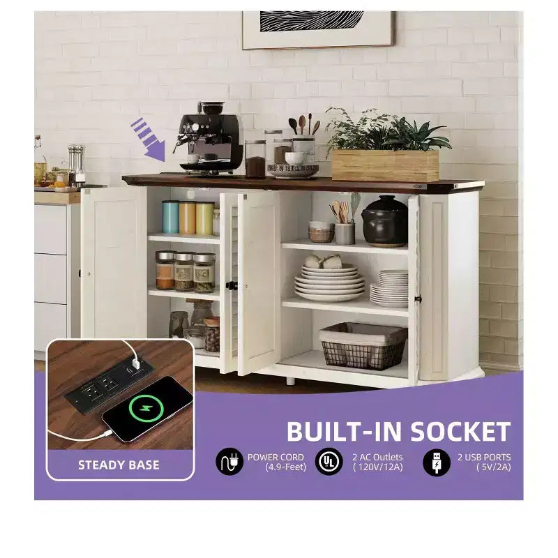 Farmhouse TV Stand for 60 Inch TV, Entertainment Center with Adjustable Shelves & Power Outlets,Buffet Sideboard Cabinet for Living Room