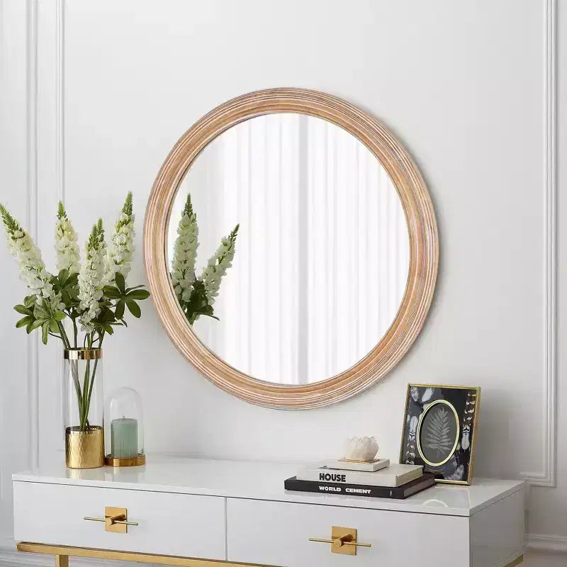 TUYOHW Farmhouse Wood Decorative Wall Mirror with Whitewash Edge,Vanity Circle Mirror for Bedroom,Living Room