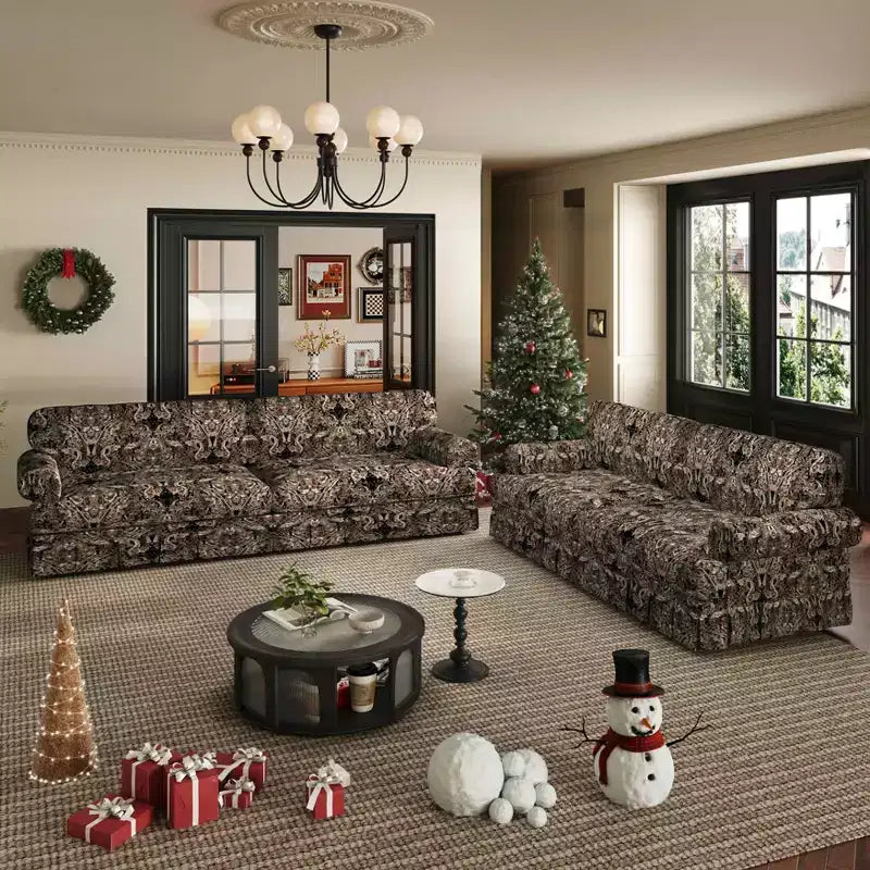 MAYEERTY Luxuriously Comfortable 3&4 Seater Cloud Couch, Chenille Fabric Sofa with Rolled Arms & Pleated Skrit Black Foral