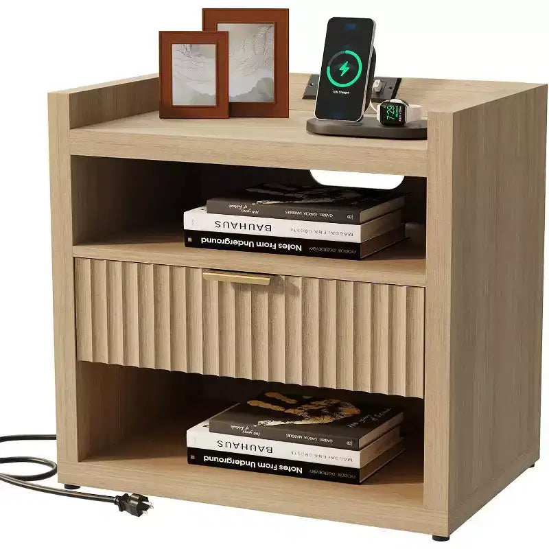 Wood End Table With Charging Station 1 Drawer Nightstand Large Modern Bedside Table Storage Accent Cabinet For Living Room Bedroom Home Office USB