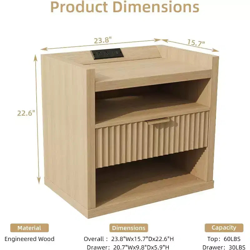Wood End Table With Charging Station 1 Drawer Nightstand Large Modern Bedside Table Storage Accent Cabinet For Living Room Bedroom Home Office USB