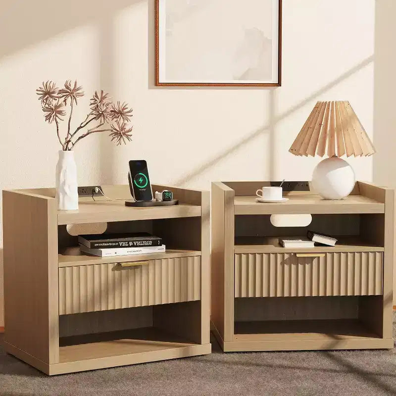 Wood End Table With Charging Station 1 Drawer Nightstand Large Modern Bedside Table Storage Accent Cabinet For Living Room Bedroom Home Office USB