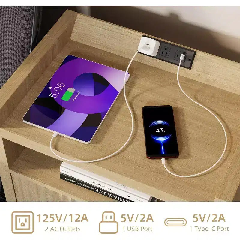 Wood End Table With Charging Station 1 Drawer Nightstand Large Modern Bedside Table Storage Accent Cabinet For Living Room Bedroom Home Office USB