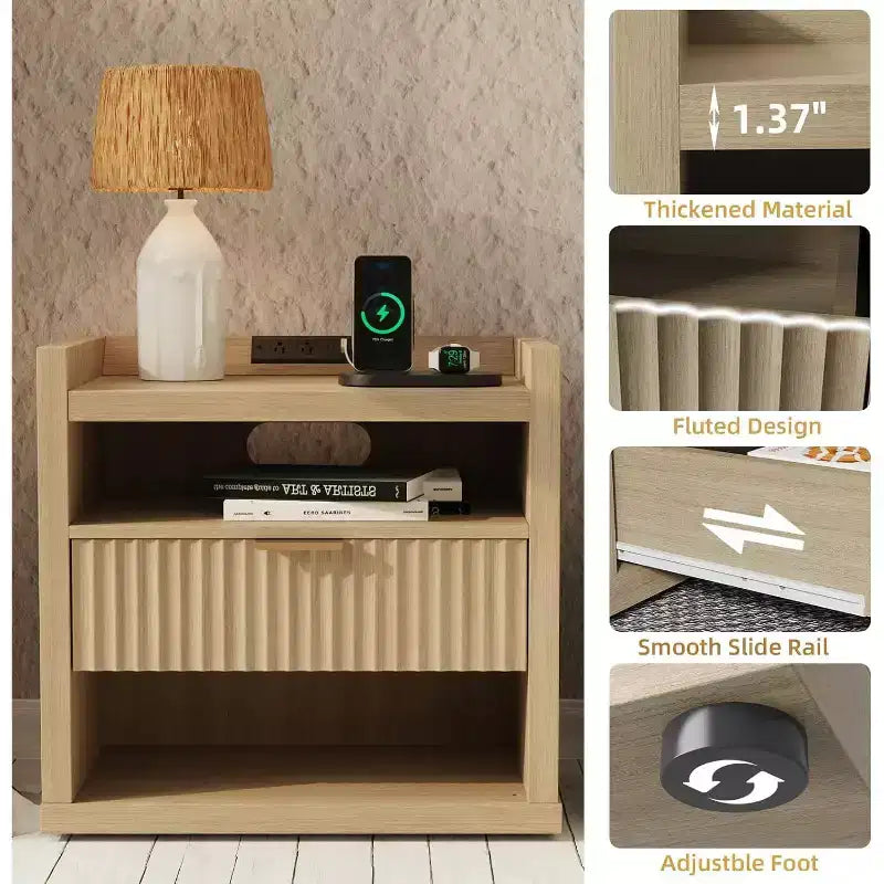 Wood End Table With Charging Station 1 Drawer Nightstand Large Modern Bedside Table Storage Accent Cabinet For Living Room Bedroom Home Office USB