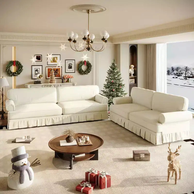MAYEERTY Luxuriously Comfortable 3&4 Seater Cloud Couch, Chenille Fabric Sofa with Rolled Arms & Pleated Skrit Beige