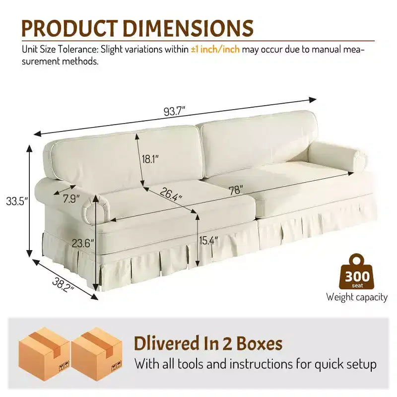 MAYEERTY Luxuriously Comfortable 3&4 Seater Cloud Couch, Chenille Fabric Sofa with Rolled Arms & Pleated Skrit Beige