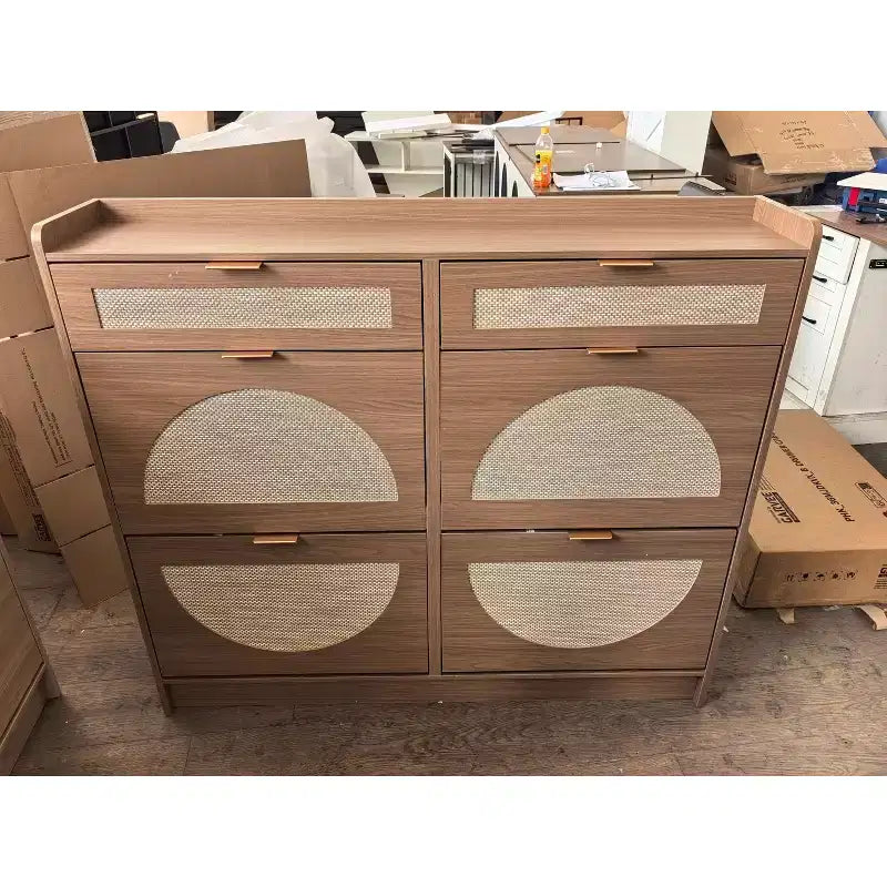 Rattan Shoe Storage Cabinet with 4 Flip Drawers & 2 Drawers, Freestanding Organizer for Front Door Entrance, Hidden Narrow Shoe Rack Cabinet Storage