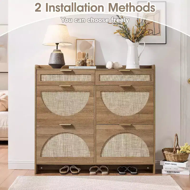 Rattan Shoe Storage Cabinet with 4 Flip Drawers & 2 Drawers, Freestanding Organizer for Front Door Entrance, Hidden Narrow Shoe Rack Cabinet Storage