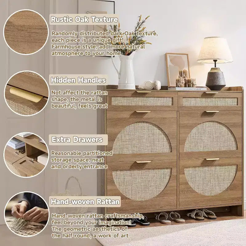 Rattan Shoe Storage Cabinet with 4 Flip Drawers & 2 Drawers, Freestanding Organizer for Front Door Entrance, Hidden Narrow Shoe Rack Cabinet Storage