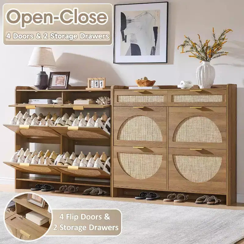 Rattan Shoe Storage Cabinet with 4 Flip Drawers & 2 Drawers, Freestanding Organizer for Front Door Entrance, Hidden Narrow Shoe Rack Cabinet Storage