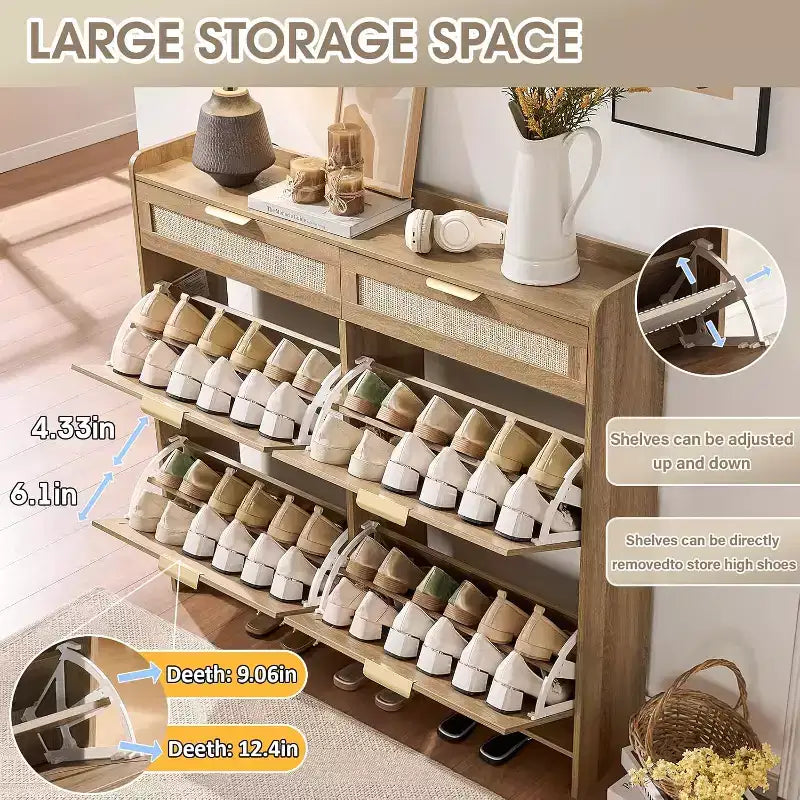 Rattan Shoe Storage Cabinet with 4 Flip Drawers & 2 Drawers, Freestanding Organizer for Front Door Entrance, Hidden Narrow Shoe Rack Cabinet Storage