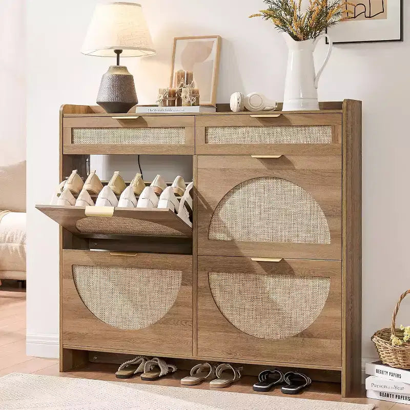 Rattan Shoe Storage Cabinet with 4 Flip Drawers & 2 Drawers, Freestanding Organizer for Front Door Entrance, Hidden Narrow Shoe Rack Cabinet Storage