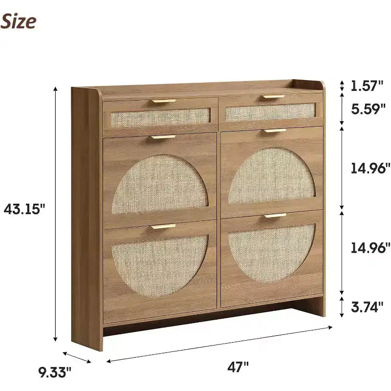 Rattan Shoe Storage Cabinet with 4 Flip Drawers & 2 Drawers, Freestanding Organizer for Front Door Entrance, Hidden Narrow Shoe Rack Cabinet Storage