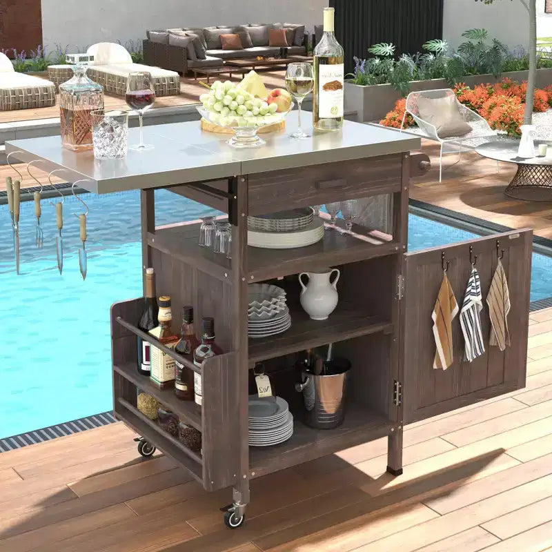 Grill Cart with Storage, Patio Kitchen Island Outdoor Grill Table with Lockable Wheels Drop Leaf, BBQ Cart Movable Pizza Oven Table Stand