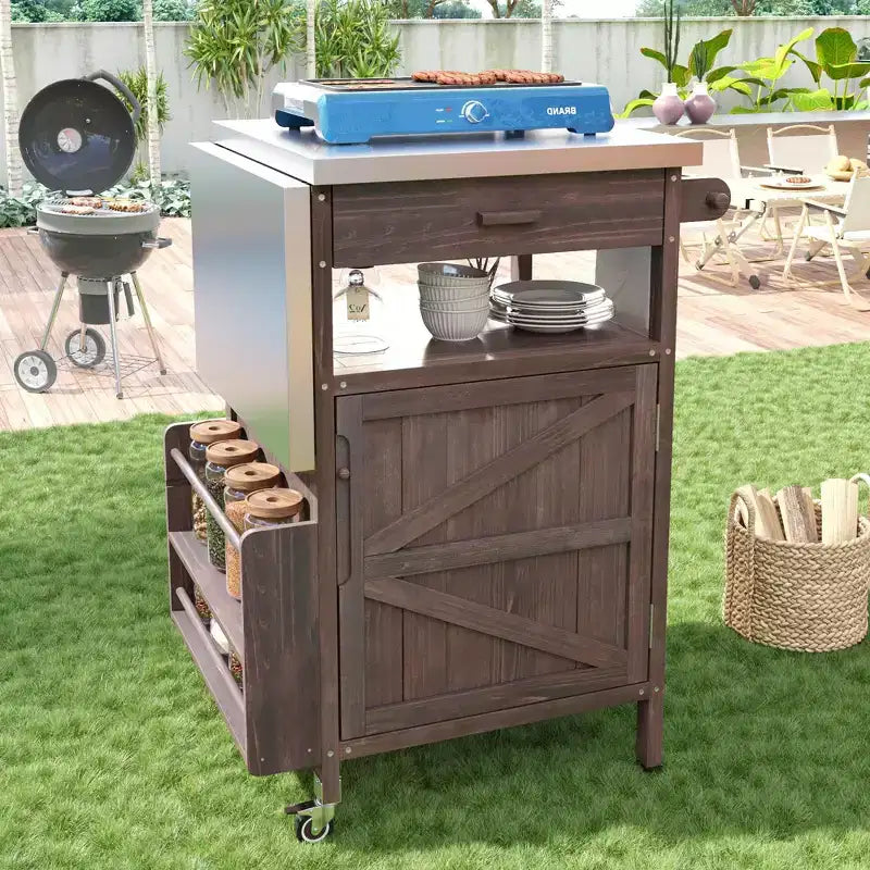 Grill Cart with Storage, Patio Kitchen Island Outdoor Grill Table with Lockable Wheels Drop Leaf, BBQ Cart Movable Pizza Oven Table Stand
