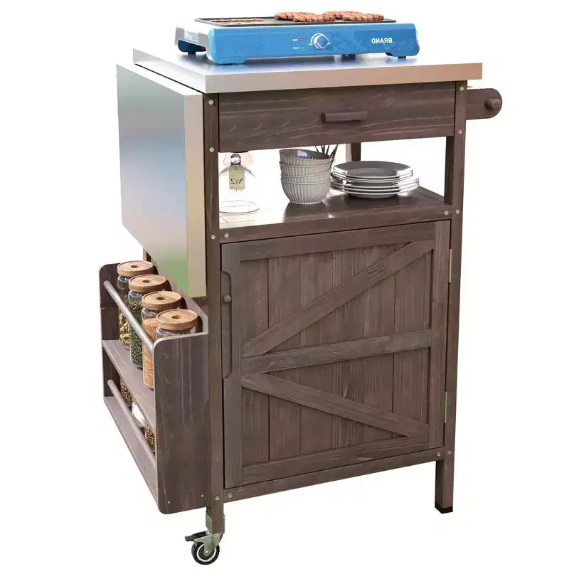 Grill Cart with Storage, Patio Kitchen Island Outdoor Grill Table with Lockable Wheels Drop Leaf, BBQ Cart Movable Pizza Oven Table Stand