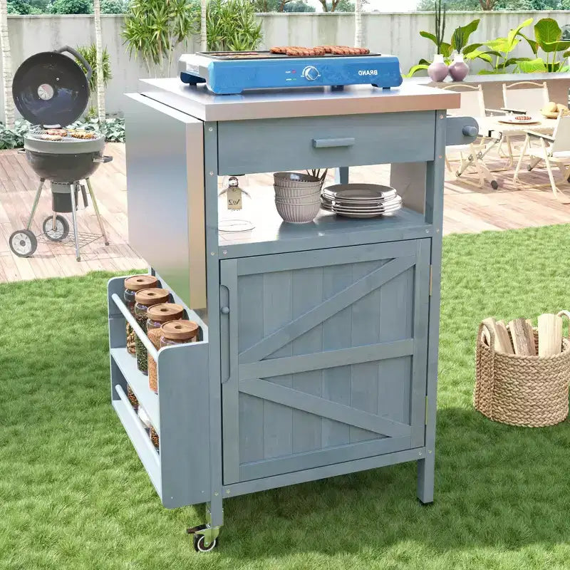 Grill Cart with Storage, Patio Kitchen Island Outdoor Grill Table with Lockable Wheels Drop Leaf, BBQ Cart Movable Pizza Oven Table Stand