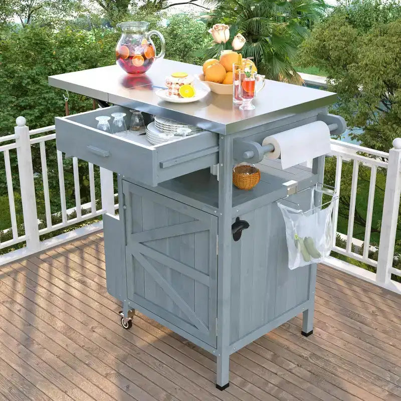 Grill Cart with Storage, Patio Kitchen Island Outdoor Grill Table with Lockable Wheels Drop Leaf, BBQ Cart Movable Pizza Oven Table Stand