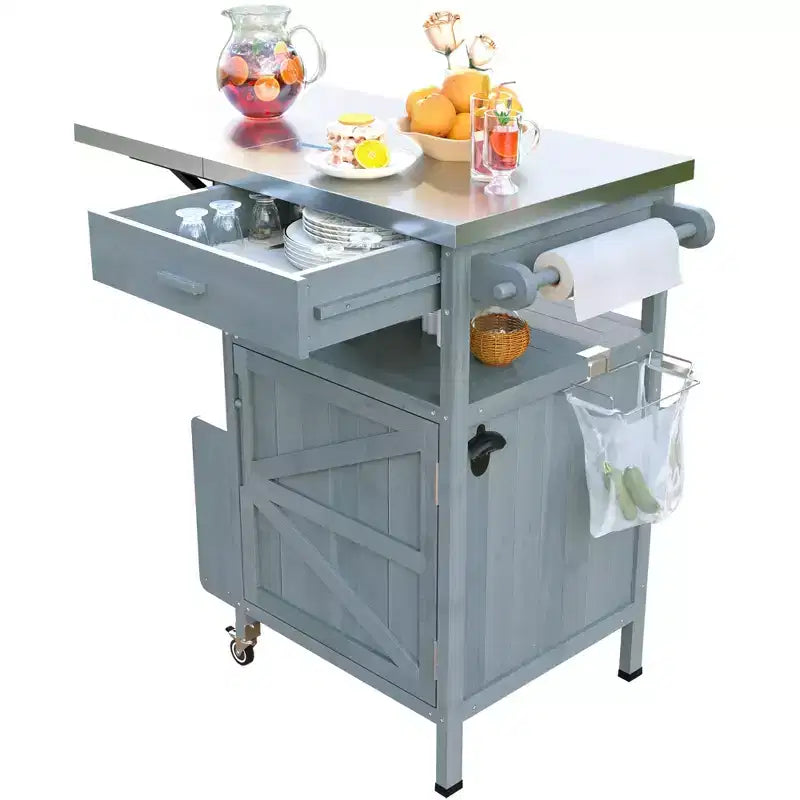 Grill Cart with Storage, Patio Kitchen Island Outdoor Grill Table with Lockable Wheels Drop Leaf, BBQ Cart Movable Pizza Oven Table Stand