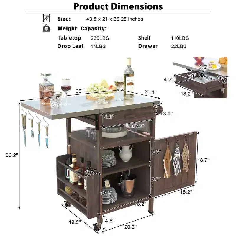 Grill Cart with Storage, Patio Kitchen Island Outdoor Grill Table with Lockable Wheels Drop Leaf, BBQ Cart Movable Pizza Oven Table Stand