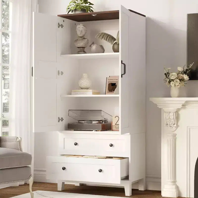 COZONY Tall Storage Cabinet with 2 Drawers, Adjustable Shelf Farmhouse Floor Cabinet with Doors, White