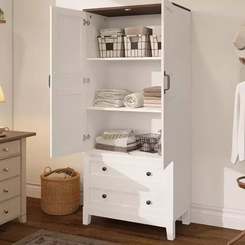 COZONY Tall Storage Cabinet with 2 Drawers, Adjustable Shelf Farmhouse Floor Cabinet with Doors, White