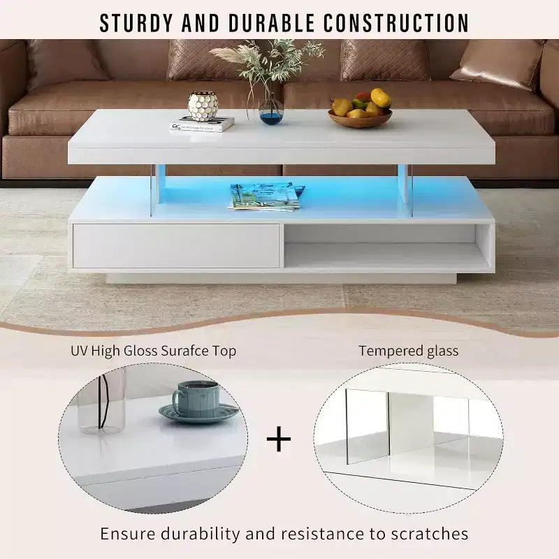 LED Lighted Coffee Table with Storage 2 Drawers & Display Shelf Modern Living Room Furniture