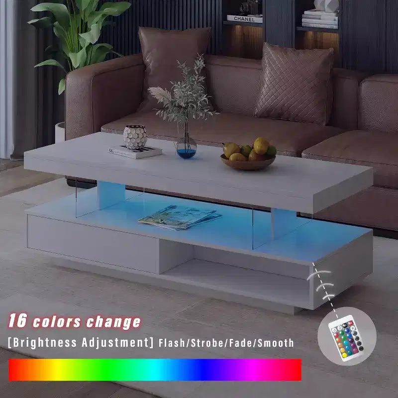 LED Lighted Coffee Table with Storage 2 Drawers & Display Shelf Modern Living Room Furniture