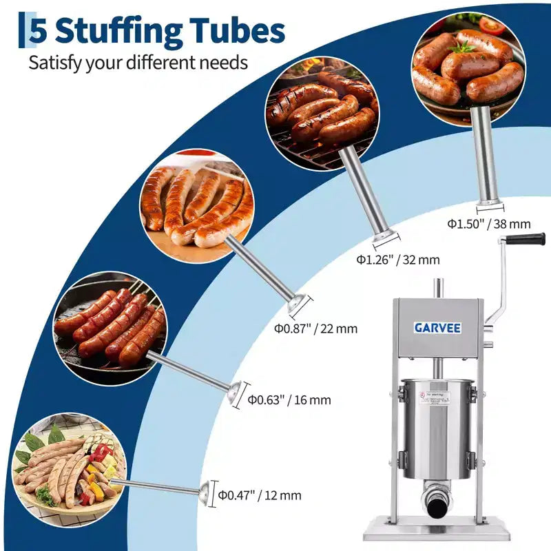 Sausage Stuffer - 304 Stainless Steel Manual Sausage Maker with 2-Speed Gear & Torque Adjustment - Includes 5 Filling Tubes & Cleaning Kit