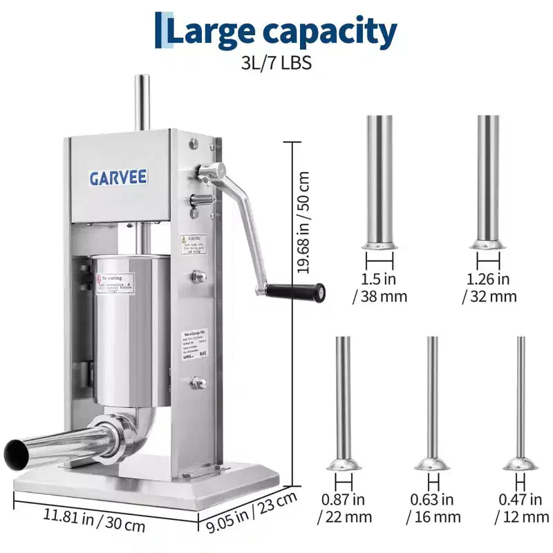 Sausage Stuffer - 304 Stainless Steel Manual Sausage Maker with 2-Speed Gear & Torque Adjustment - Includes 5 Filling Tubes & Cleaning Kit