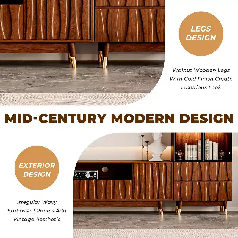 ATJafurn Mid-century Modern Living Room Set Entertainment Center up to 85 TV, Walnut