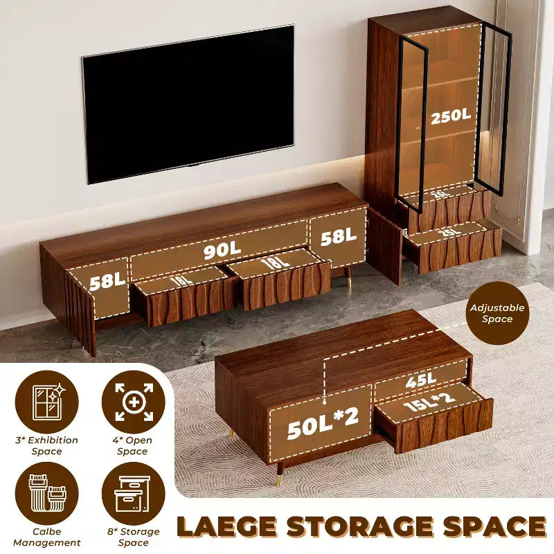 ATJafurn Mid-century Modern Living Room Set Entertainment Center up to 85 TV, Walnut