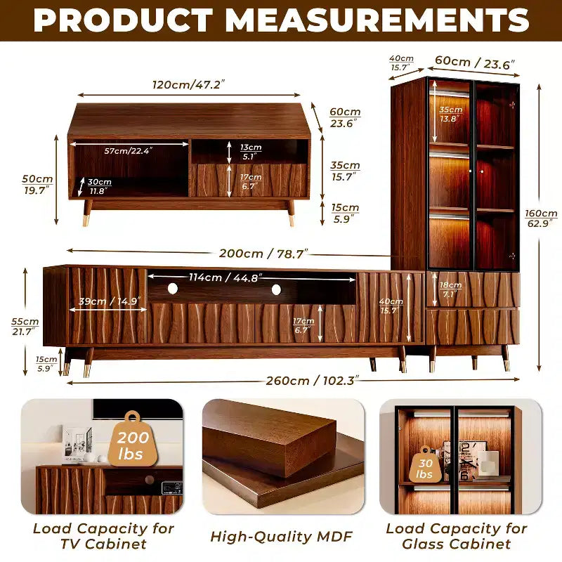 ATJafurn Mid-century Modern Living Room Set Entertainment Center up to 85 TV, Walnut