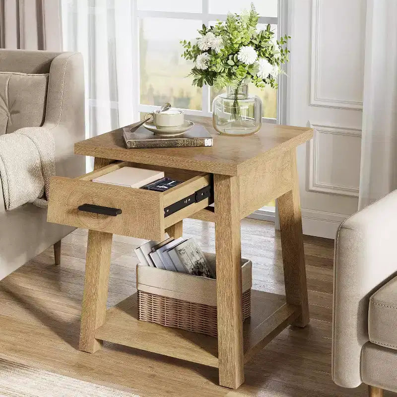Tribesigns 2 -Tier Square Side Table, Wooden End Table with Drawer, with Shelf Storage for Living Room, Bedroom, Office,Natural Brown
