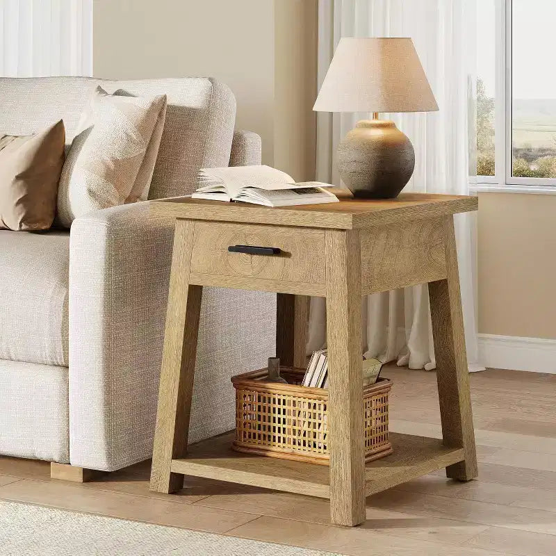 Tribesigns 2 -Tier Square Side Table, Wooden End Table with Drawer, with Shelf Storage for Living Room, Bedroom, Office,Natural Brown
