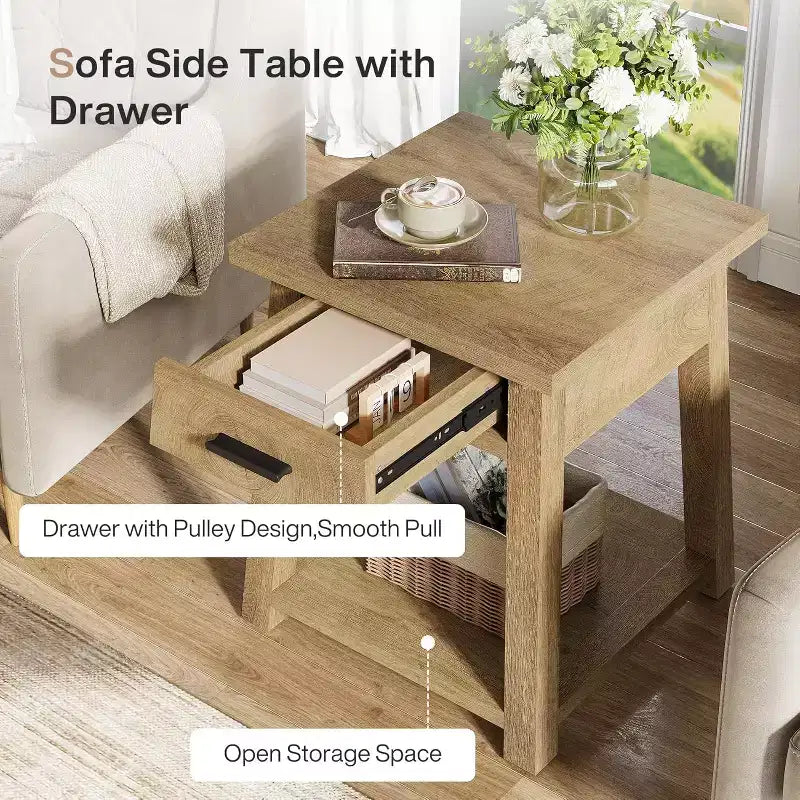 Tribesigns 2 -Tier Square Side Table, Wooden End Table with Drawer, with Shelf Storage for Living Room, Bedroom, Office,Natural Brown