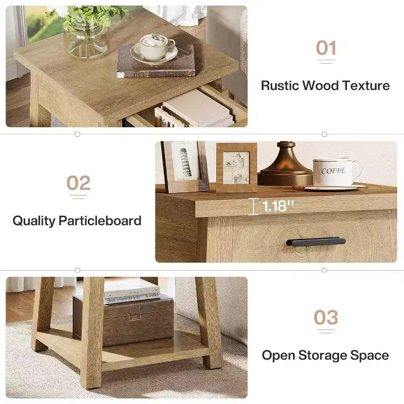 Tribesigns 2 -Tier Square Side Table, Wooden End Table with Drawer, with Shelf Storage for Living Room, Bedroom, Office,Natural Brown
