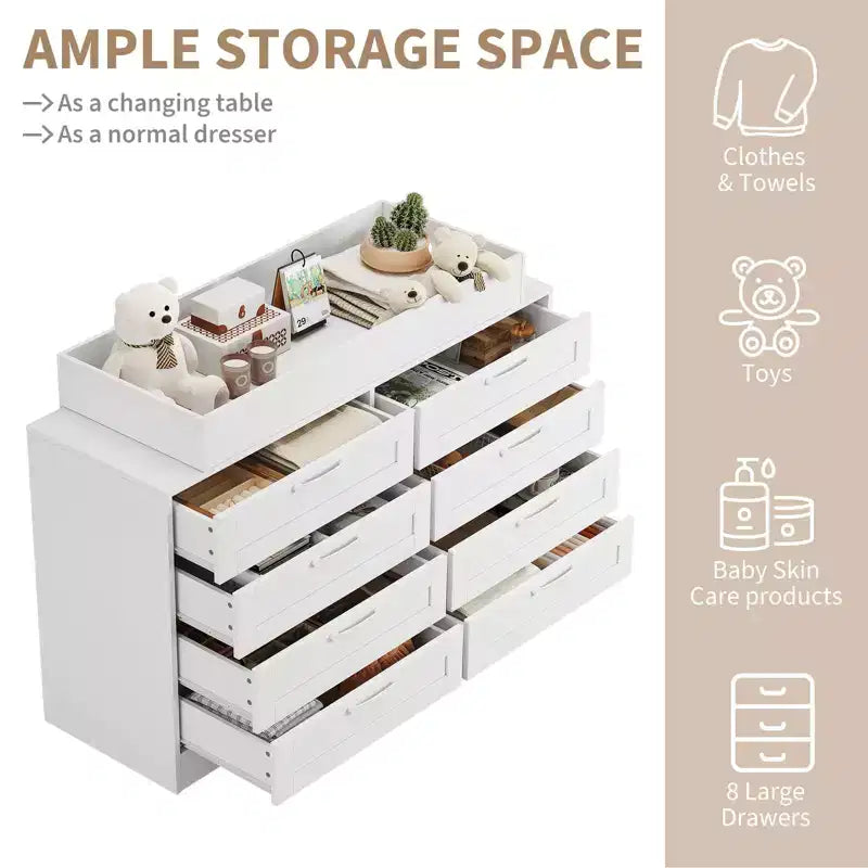 Changing Table Dresser with 8 Wood Drawers (No Pad)