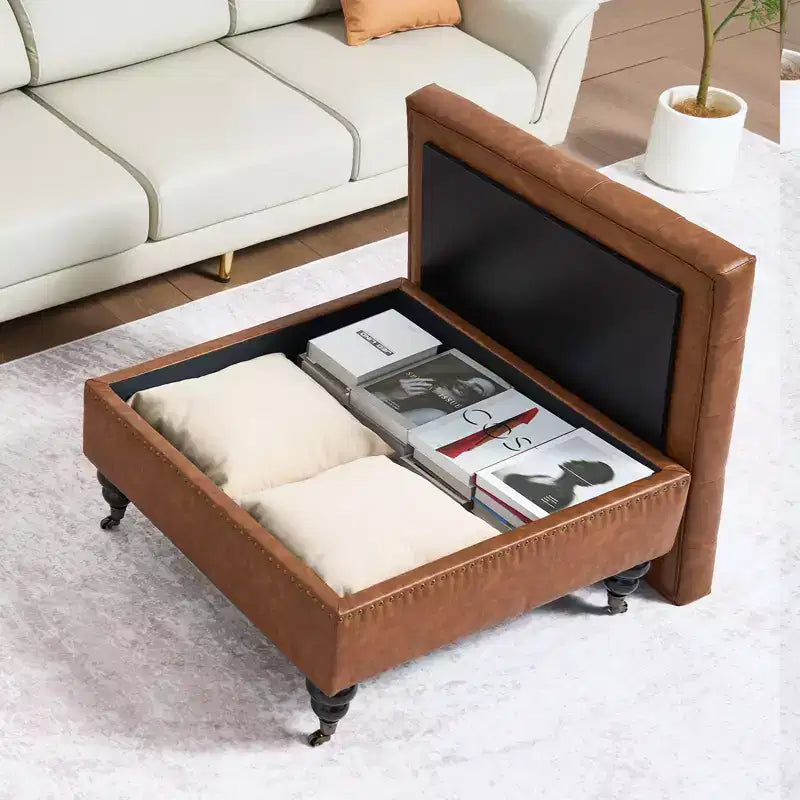 VEVOR 31 in Square Leather Ottoman with Storage, Upholstered Tufted Button Coffee Table Ottoman with Castered Rolling Wheels, PU Leather, Brown
