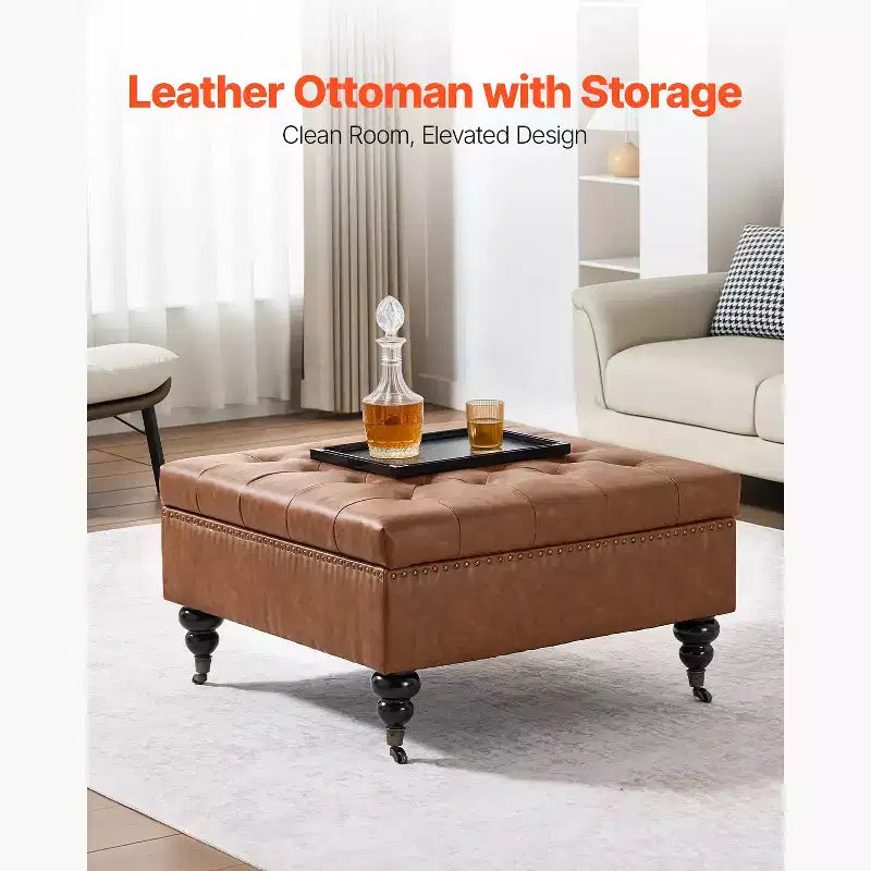 VEVOR 31 in Square Leather Ottoman with Storage, Upholstered Tufted Button Coffee Table Ottoman with Castered Rolling Wheels, PU Leather, Brown