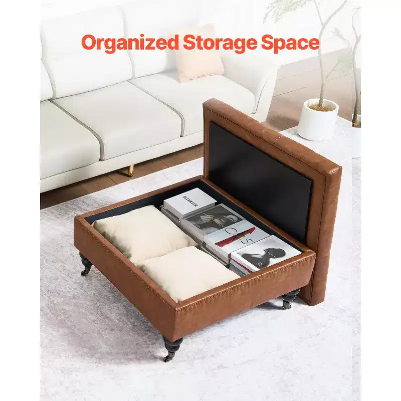 VEVOR 31 in Square Leather Ottoman with Storage, Upholstered Tufted Button Coffee Table Ottoman with Castered Rolling Wheels, PU Leather, Brown