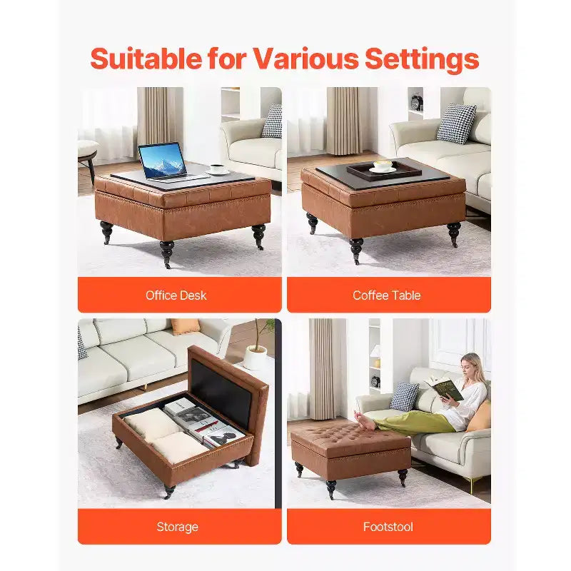 VEVOR 31 in Square Leather Ottoman with Storage, Upholstered Tufted Button Coffee Table Ottoman with Castered Rolling Wheels, PU Leather, Brown