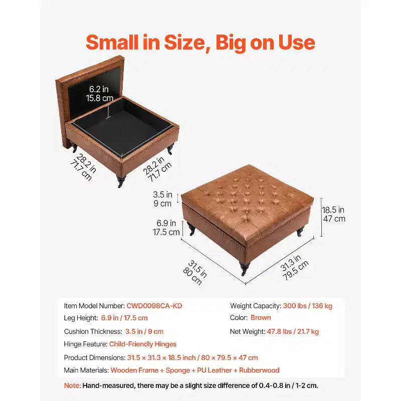 VEVOR 31 in Square Leather Ottoman with Storage, Upholstered Tufted Button Coffee Table Ottoman with Castered Rolling Wheels, PU Leather, Brown