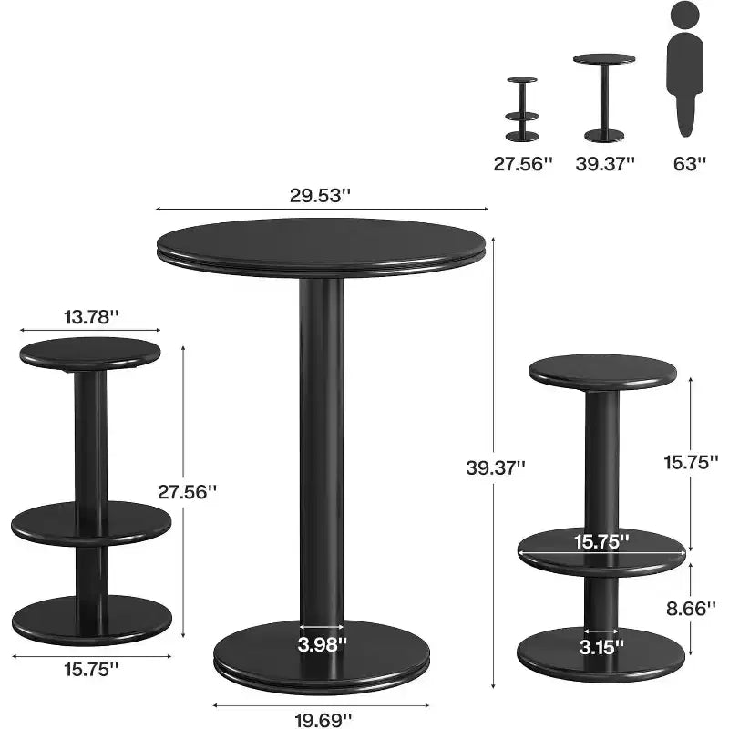Lantine 39.4 H Round Bar Table and Chairs Set, Modern Bistro Pub Table with 2 Stools, Wooden Counter Height Cocktail Table for Small Bars