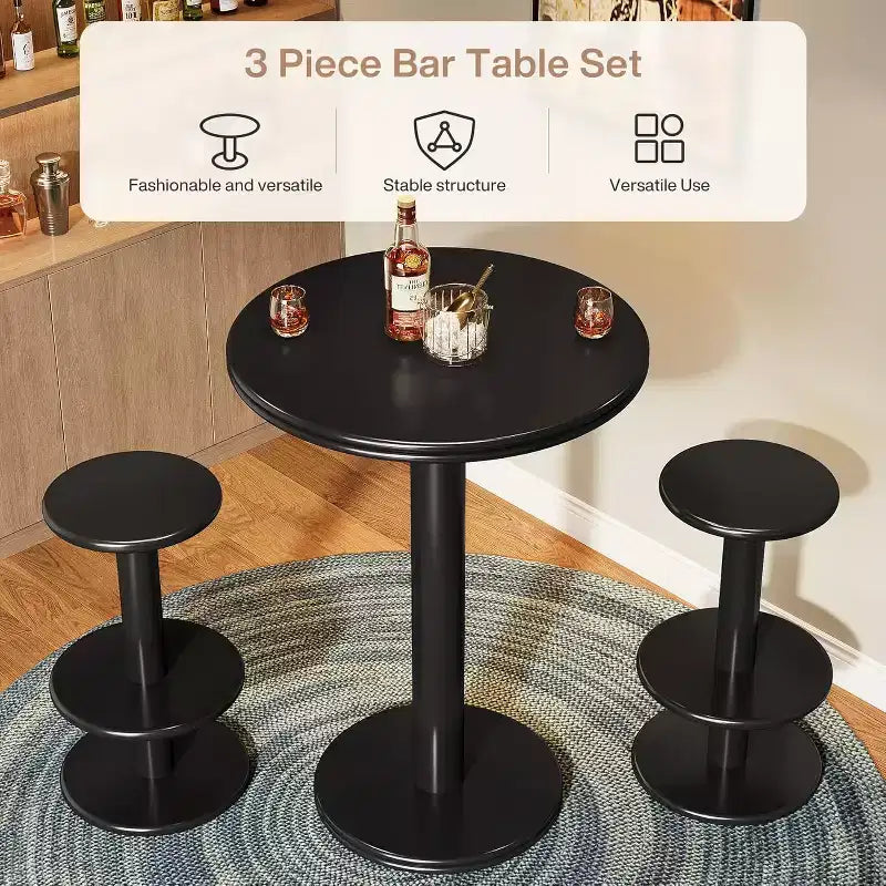 Lantine 39.4 H Round Bar Table and Chairs Set, Modern Bistro Pub Table with 2 Stools, Wooden Counter Height Cocktail Table for Small Bars