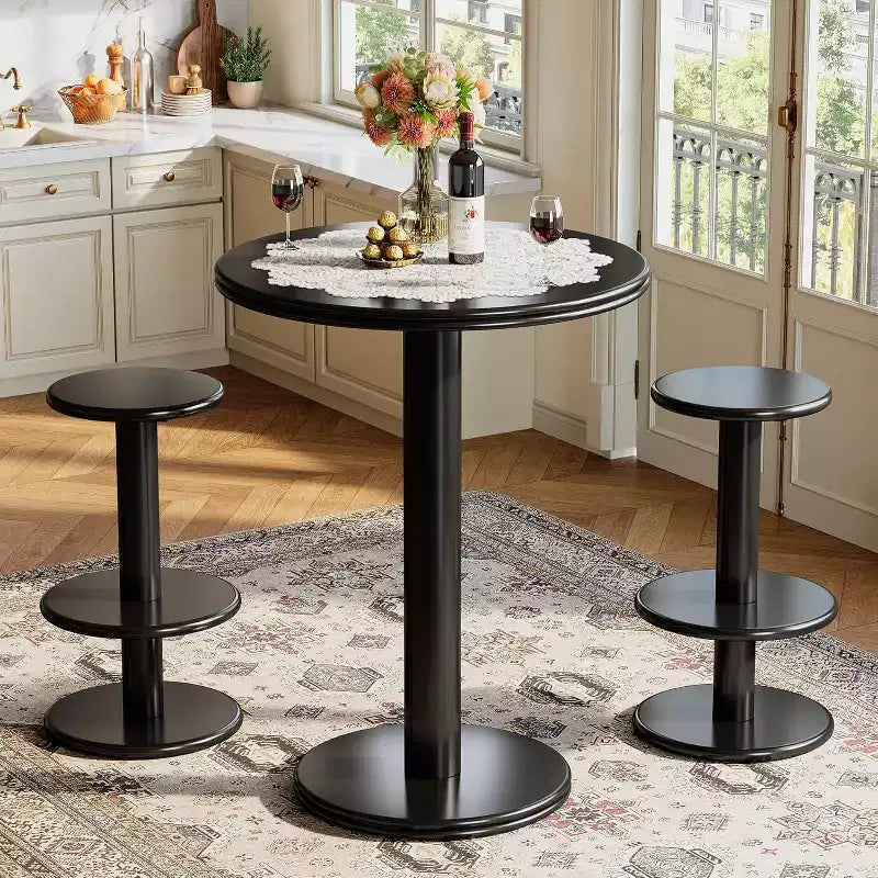 Lantine 39.4 H Round Bar Table and Chairs Set, Modern Bistro Pub Table with 2 Stools, Wooden Counter Height Cocktail Table for Small Bars