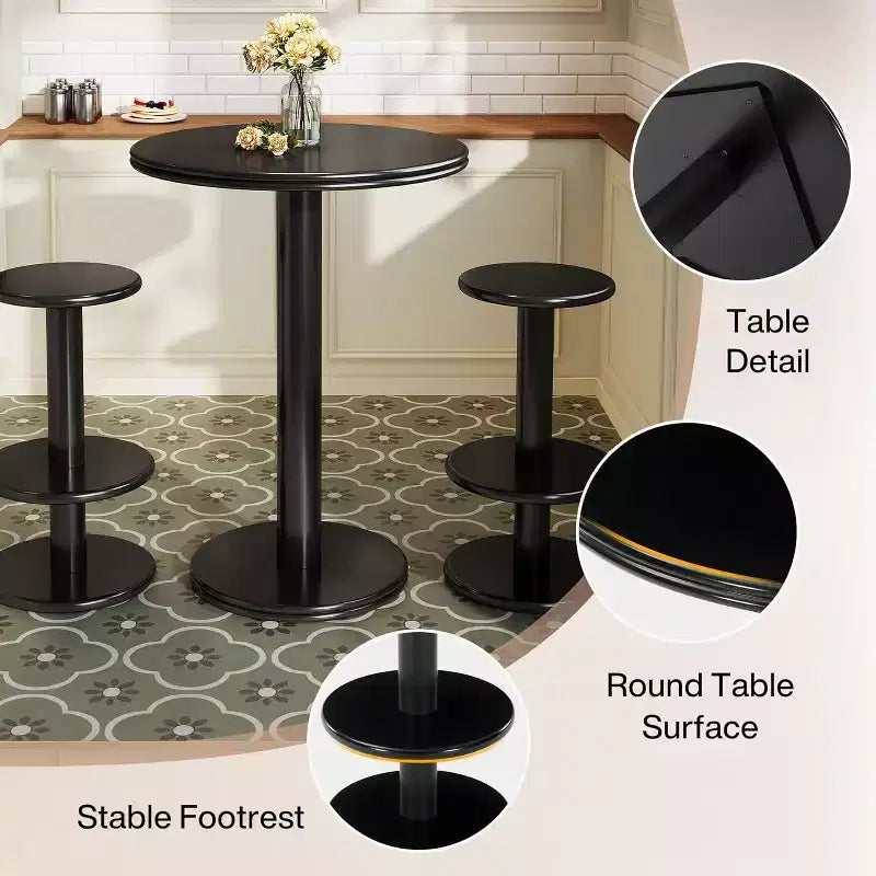 Lantine 39.4 H Round Bar Table and Chairs Set, Modern Bistro Pub Table with 2 Stools, Wooden Counter Height Cocktail Table for Small Bars