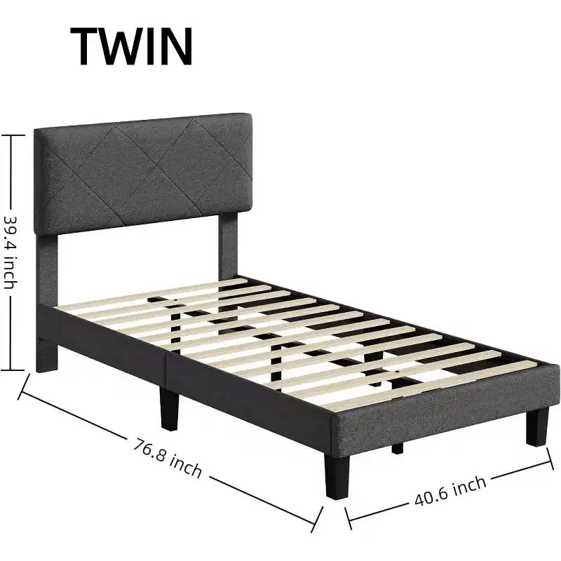 Acekool Bed Frame with Upholstered Headboard, Wood Slat Support, No Box Spring Needed