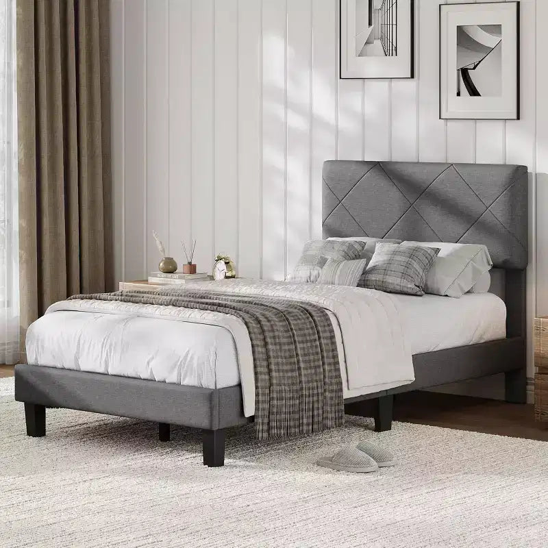 Acekool Bed Frame with Upholstered Headboard, Wood Slat Support, No Box Spring Needed