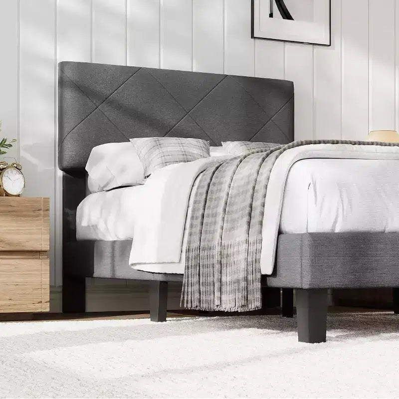 Acekool Bed Frame with Upholstered Headboard, Wood Slat Support, No Box Spring Needed